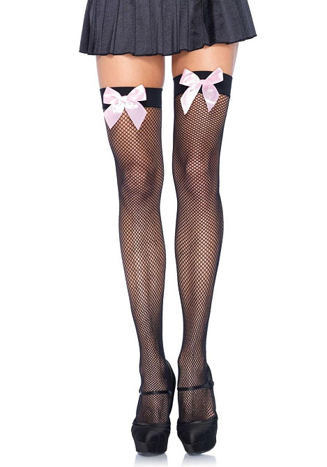 Панчохи-сітка з атласним бантиком Leg Avenue Fishnet Thigh Highs One size, Black With Bow Pink Sex Aura Київ - фото 1