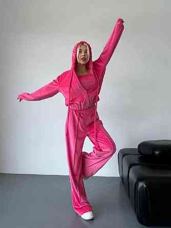 Женский прогулочный плюшевый костюм тройка: кофта топ и штаны велюр-плюш Малина, 46/48 Одесса