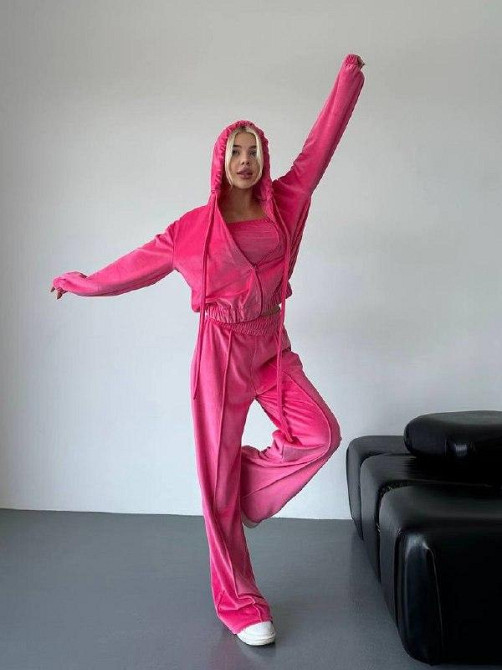 Женский прогулочный плюшевый костюм тройка: кофта топ и штаны велюр-плюш Малина, 46/48 Одесса - изображение 2