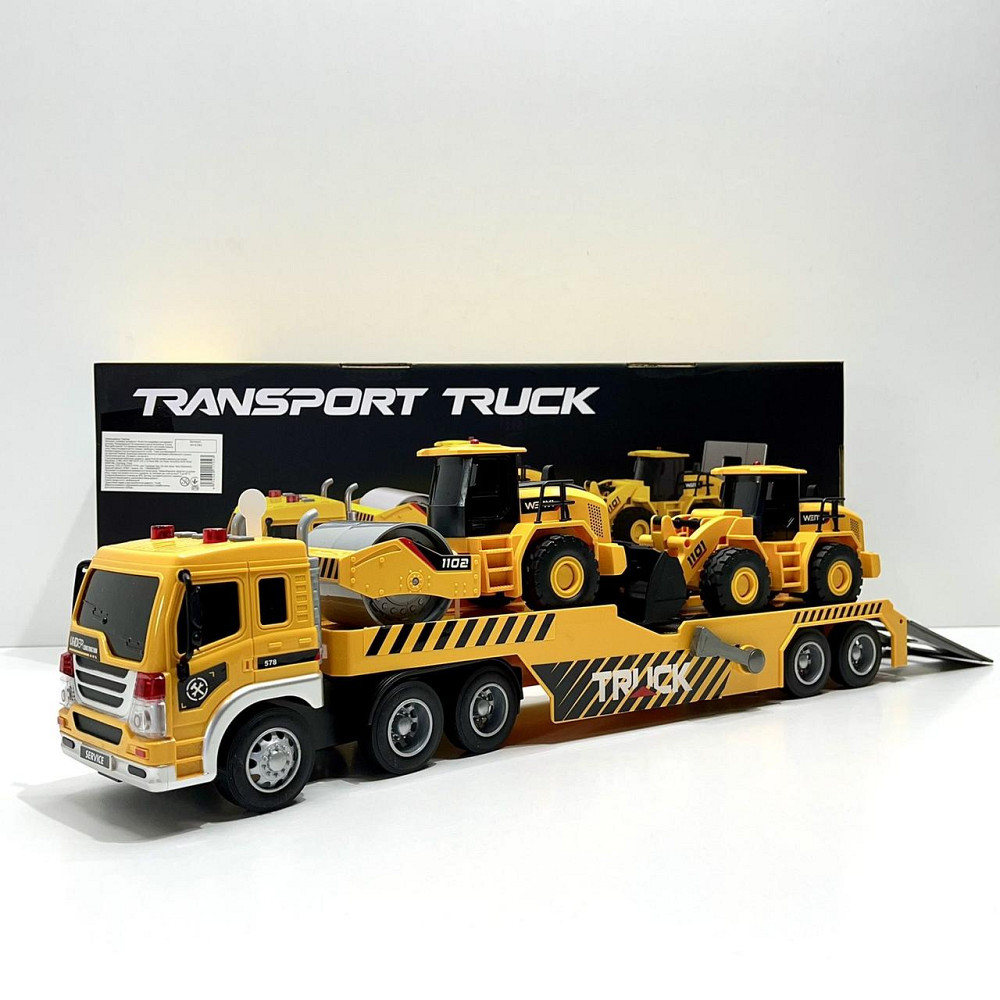Трейлер будівельний автовоз 2 трактори підсвічування звукові ефекти рухомі деталі інерція гумові шини Жовтий (WY 578 C) Чернігів - фото 5