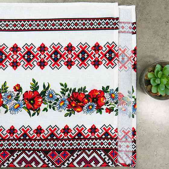 Рушник вафельний з принтом вишивки та червоними квітами GM Textile 35х61см 180г/м2 (Різнокольоровий) Суми