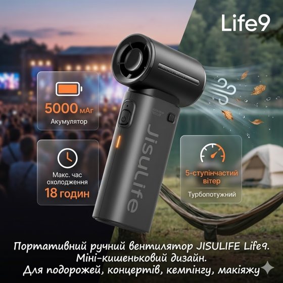 Портативний ручний турбовентилятор JISULIFE Life9 Black: 5000 мАг, до 18 год роботи, 5 швидкостей, 10 м/с, Чорний Київ