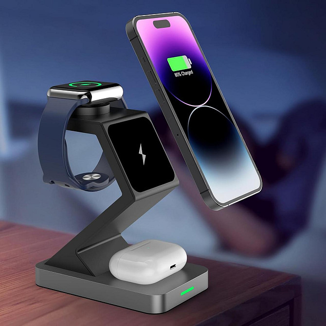 Магнітна бездротова зарядка 3в1 JIANUO, 15W, MagSafe для iPhone, AirPods, Apple Watch, адаптер в комплекті, чорна Київ - фото 1