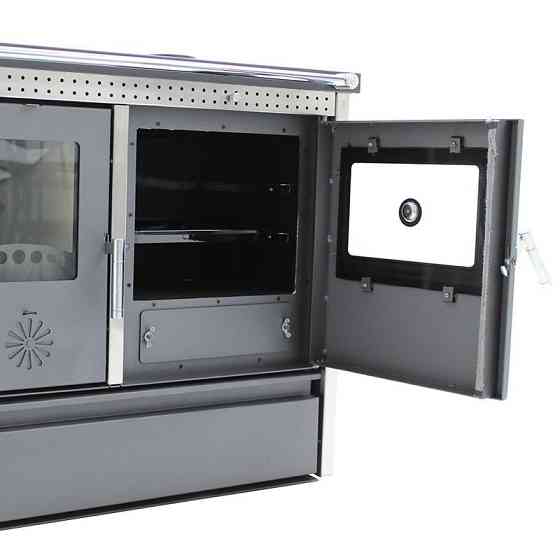 Піч опалювально-варильна Hosseven Lotus Inox 12 кВт з вбудованою духовкою верхній димохід сучасний дизайн Київ