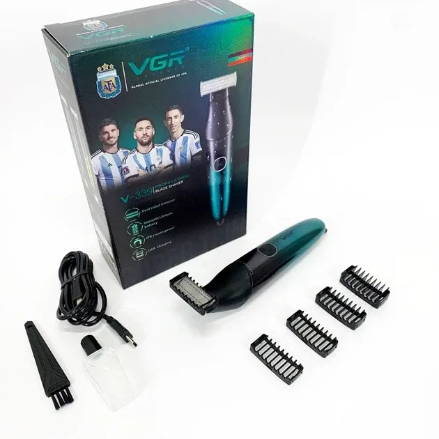Бритва-тример для бороди та вусів VGR V-339 Green: водонепроникна IPX7, 4 насадки, USB, акумуляторна, зелена Одеса - фото 2