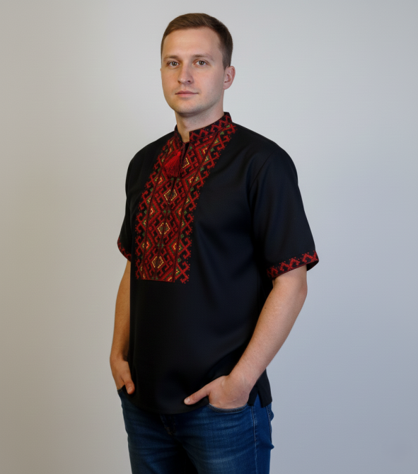 Черная мужская вышиванка из домотканого полотна Киев - изображение 2