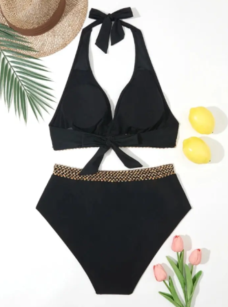 Раздельный купальник большого размера с высокой талией черно-золотистый 5XL Киев