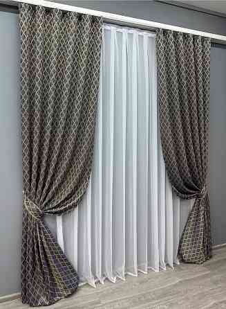 Комплект готових штор VR-Textil Жакард RUBI № 1759ш Темно-синій з бежевим 150х300 см 2 шт (33-0720) Київ