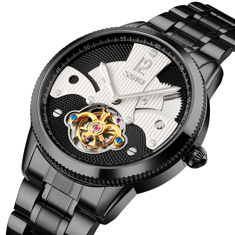 Чоловічий годинник скелетон Skmei 9205 механічні (Чорні з білим) Вінниця - фото 3