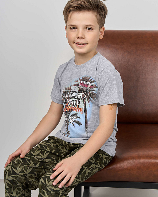 Комплект з капрі підлітковий Nicoletta — листя на шортах — Family look тато/син 89906 12-13, Сірий Київ - фото 2