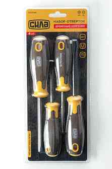 Набор отверток СИЛА деревянный вороненый пластик CrV SL3x75, SL6x100 PH1x75, PH2x125 (4шт) Ровно