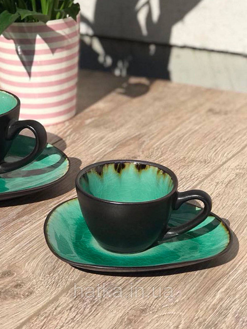 Набір чашок із блюдцем кавовий 4+4 шт Olens "GREEN LAGUNA" 100 мл кераміка зелений чорний для дому та ресторану Київ - фото 2