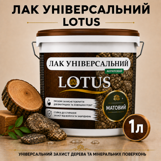 Лак універсальний акриловий LOTUS прозорий матовий без запаху зносостійкий для дерева, каменю, бетону та інших поверхонь 1 л Харків