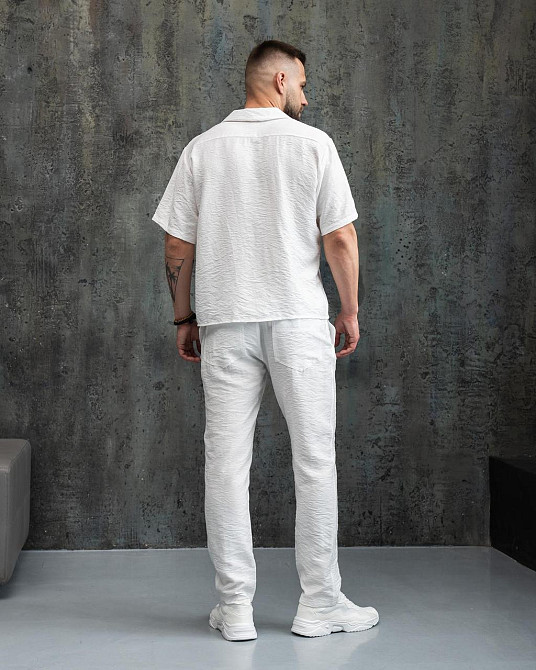 Лляний чоловічий костюм сорочка та штани літній комплект повсякденний легкий молочний Aero 4XL Одеса - фото 4