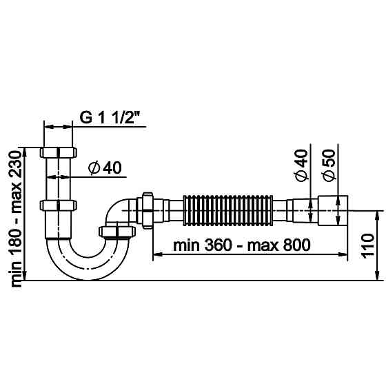 Сифон OPTIMUM 1 1/2″*40 для умыв. и мойки без выпуска прямоточный с гофротрубой 40*40/50 OPTI 10043 Киев