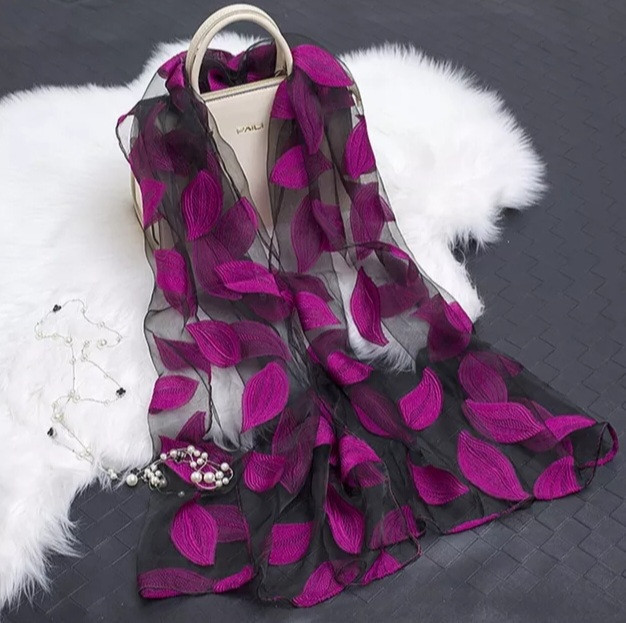 Женский шарф с малиновыми листьями - размер 180*68см, полиэстер Киев - изображение 1