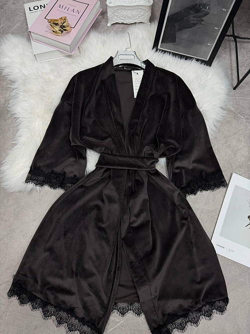 Женский домашний халат на запах велюр с кружевом Шоколад, Oversize 42/46 Одесса - изображение 4