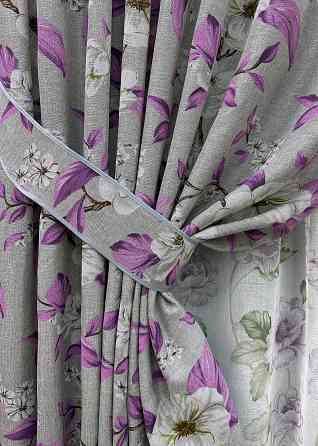 Комплект штор VR-Textil Лен Прованс 100х265 2шт и Тюль 400х265 1820ш-1367т Серый с фиолетовым и белым 71-108/2 Киев
