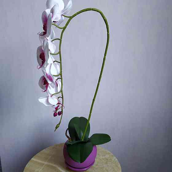 Штучна латексна орхідея VIP у малиновому керамічному кашпо на одну гілку біло-бузкова Дніпро