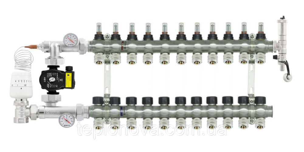 Колектор в зборі на 11 пар виходів нержавійка  "Raftec" ARC11 для Теплої Підлоги з розходомірами Чернівці - фото 9