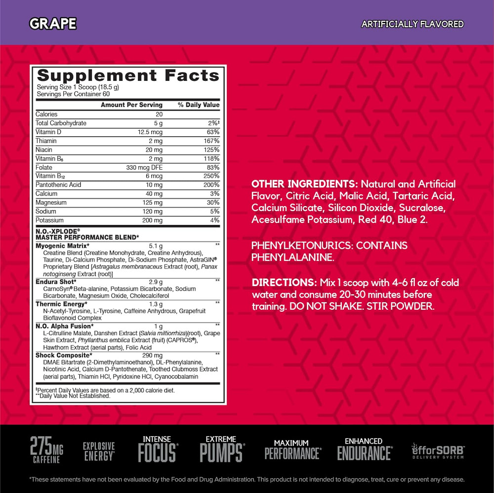 Предтренировочный комплекс BSN N.O. Xplode 3.3 1109 g (Grape) Луцк - изображение 2
