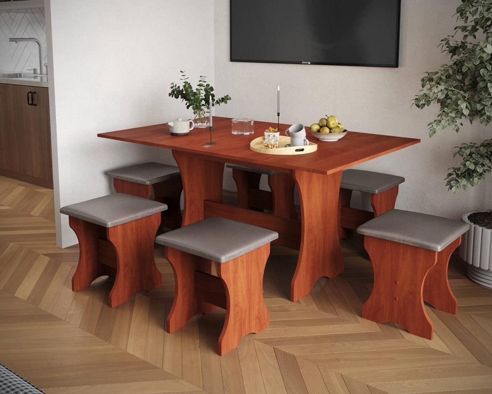 Обеденный стол и 6 мягких табуреток (комплект 7 предметов). МС - Яблоня Львов - изображение 1