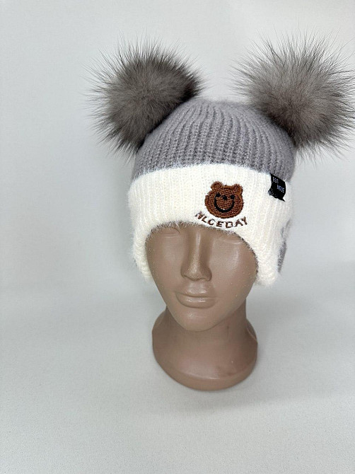 Шапка детская зимняя с натуральными помпонами песца Харьков - изображение 1