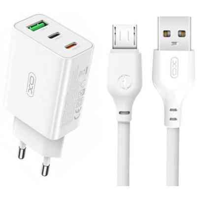 Зарядний пристрій XO L101 PD + QC3.0 (1USB/2Type-C/20W) + USB - MicroUSB White (XO-L101-WH) Вінниця