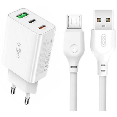 Зарядний пристрій XO L101 PD + QC3.0 (1USB/2Type-C/20W) + USB - MicroUSB White (XO-L101-WH) Вінниця - фото 1