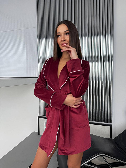 Женский велюровый короткий халат на запах с карманами Бургунди Одесса - изображение 5