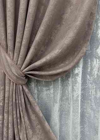 Комплект штор VR-Textil Жаккард Мрамор 150х270 2шт и Тюль 500х270 1669ш-1400т Какао с белым 71-008/4 Киев