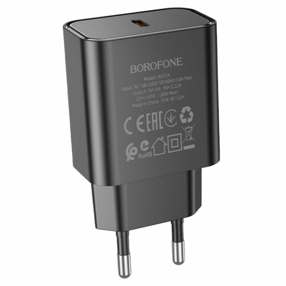 Мережевий зарядний пристрій BOROFONE BA71A Power single Port PD20W charger Black Киев - изображение 1