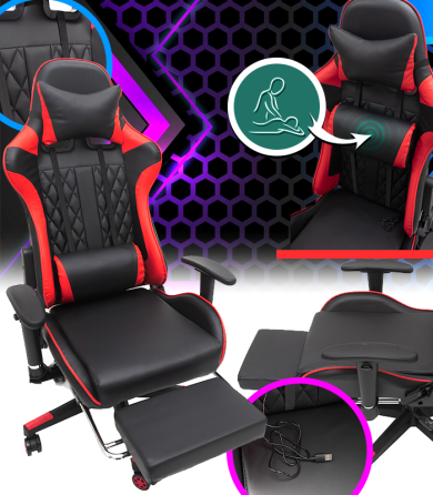 Геймерське комп'ютерне крісло з масажером, ергономічними подушками та підставкою для ніг, Чорний/Червоний (G899) Київ