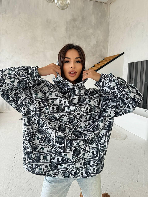 Женская стильная оверсайз худи с долларами трехнитка на флисе Одесса - изображение 1
