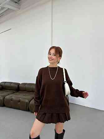 Женский вязаный костюм свитер оверсайз и стильная юбочка 70% Акрил 30% котон Шоколад Одесса