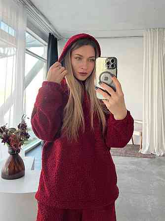 Жіночий теплий затишний костюм: кофта та штани барашек на флісі Бордовий, 46/48 Одеса