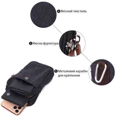 Сумка Vintage Чохол на пояс з металевим карабіном з текстилю Чорна (22223) Вінниця