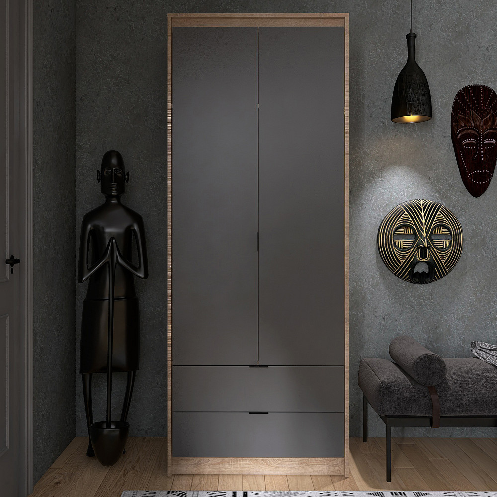 Шафа для одягу з 2 полицями над висувними шухлядами Еверест Сіті-800 80,2х50х204,6 см Дуб сонома/Графіт (DTM-071140) Дніпро - фото 1