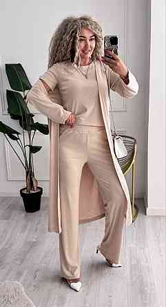 Женский базовый прогулочный костюм тройка: кардиган футболка и штаны трикотажный рубчик Кремовый, 42/44 Одесса