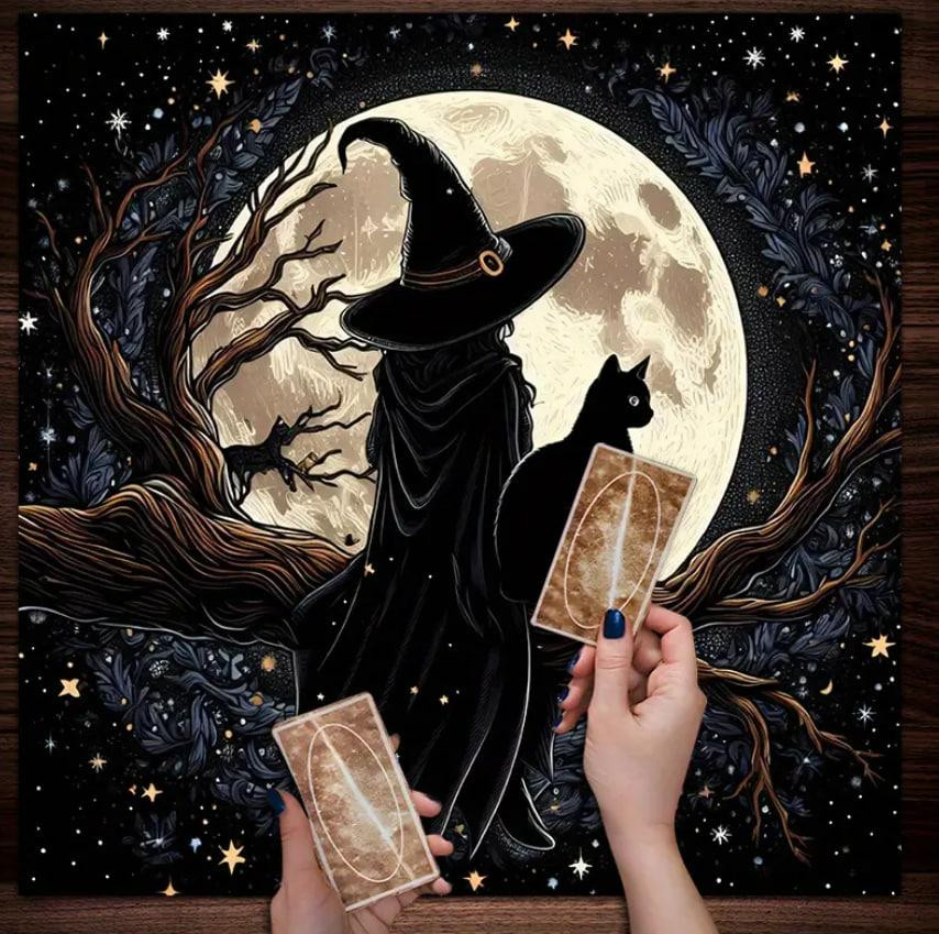 Вівтарна скатертина 49×49 см з відьмою, котом і повним місяцем — для Таро, рун і ритуалів Київ - фото 2
