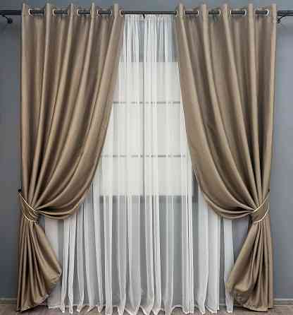 Комплект штор на люверсах VR-Textil Шенилл однотонный № 1906ш Светло-коричневый 150х250 см 2 шт (37-0297) Киев