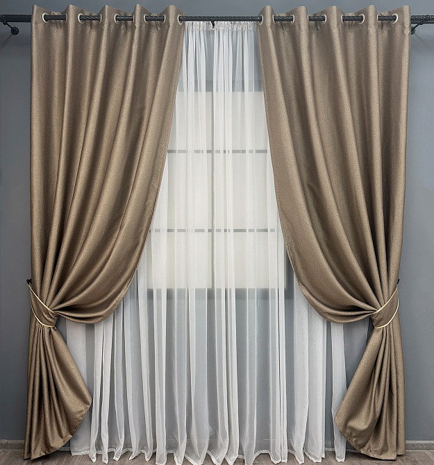 Комплект штор на люверсах VR-Textil Шенилл однотонный № 1906ш Светло-коричневый 150х250 см 2 шт (37-0297) Киев - изображение 2