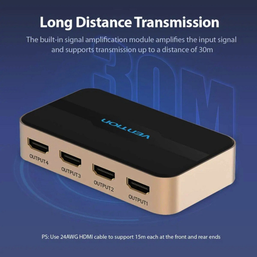 Сплітер Vention 1 In 2 Out HDMI Splitter 4K 30Hz Gold Aluminum Alloy Type EU Standard (ACCG0-EU) Київ - фото 3