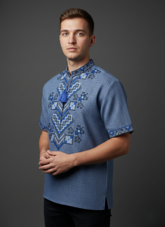 Мужская вышиванка на короткий рукав в джинсовом цвете Киев