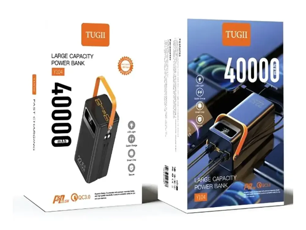 Power Bank TUGII Y104 40000 мАг, 22.5Вт, зовнішній акумулятор, швидка зарядка, USB/Type-C Одеса - фото 1