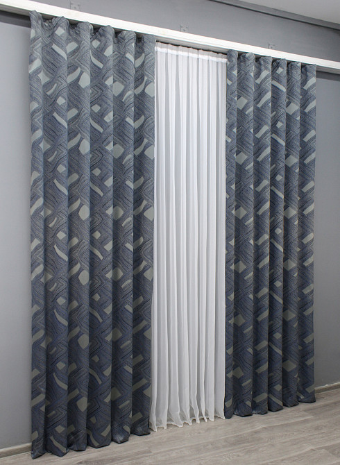 Комплект готовых штор VR-Textil Жаккард Mystery № 1628ш Синий с серым 150х290 см 2 шт (33-0571) Киев - изображение 4