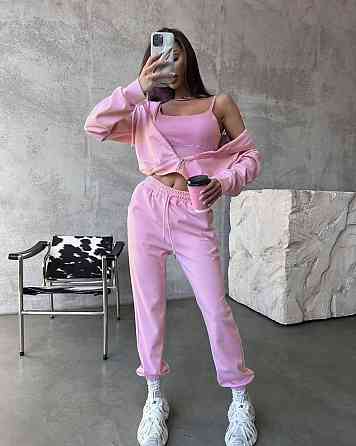 Жіночий прогулянковий костюм-трійка: кофта топ і штани двонитка Рожевий, 46/48 Одеса