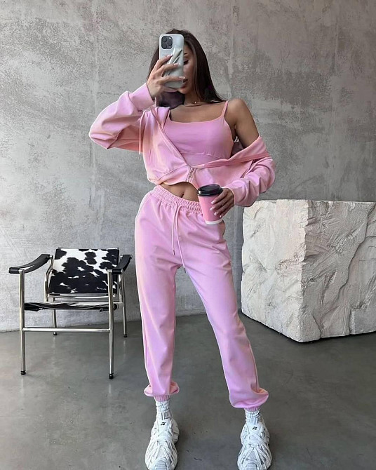 Жіночий прогулянковий костюм-трійка: кофта топ і штани двонитка Рожевий, 46/48 Одеса - фото 2