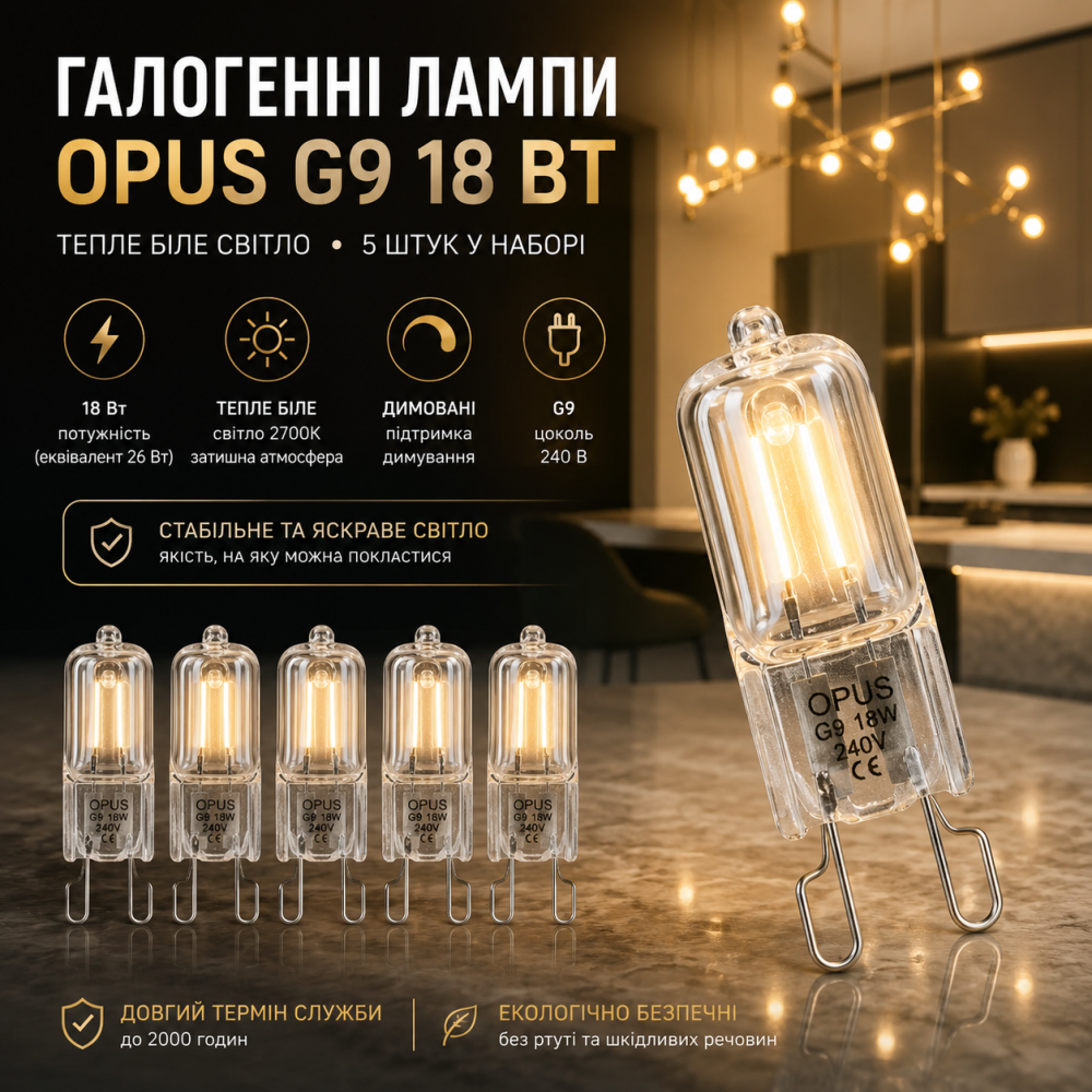 Набір галогенних ламп Opus G9 18 Вт (еквівалент 26 Вт) 240 В, тепле біле світло, димовані, 5 шт Київ - фото 5