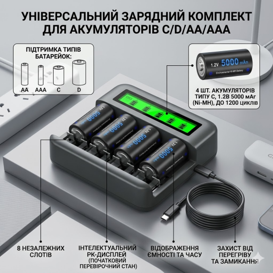 Зарядное устройство CITYORK + 4 аккумулятора C 5000 mAh | 8 слотов AA/AAA/C/D | LCD дисплей | USB Type-C Киев